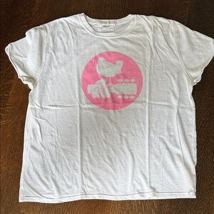 White womens Tee with Woodstock Pink Guitar Bird Graphic